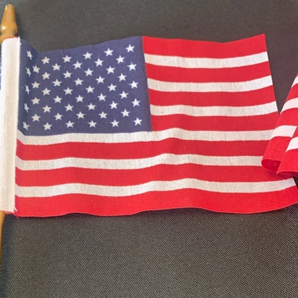 Small American Flags, 10” tall, plastic flag pole, cotton flag, 8 flags, NWOT